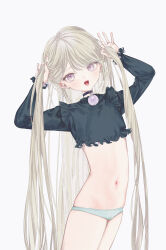 Rule 34 | 1girl, absurdres, black choker, black shirt, blue panties, blush, brooch, choker, cowboy shot, cropped shirt, flat chest, grey hair, highres, holding, holding hair, jewelry, long hair, looking at viewer, msa (fary white), navel, no pants, open mouth, original, panties, purple eyes, purple nails, shirt, simple background, slit pupils, smile, solo, standing, underwear, very long hair, white background