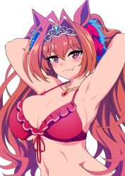 Rule 34 | 1girl, animal ears, armpits, arms behind head, arms up, bikini, blush, bow, breasts, brown hair, cleavage, closed mouth, collarbone, daiwa scarlet (umamusume), eyelashes, fang, female focus, frills, front-tie bikini top, front-tie top, hair bow, hair ornament, horse ears, horse girl, jewelry, large breasts, long hair, looking at viewer, mamiyama, midriff, navel, necklace, official alternate costume, purple eyes, red bikini, smug, solo, swimsuit, tiara, toned, twintails, umamusume, upper body, white background
