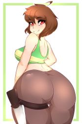 Rule 34 | 1girl, ass, bare shoulders, breasts, brown hair, chara (undertale), covered erect nipples, female focus, huge ass, knife, looking at viewer, looking back, medium breasts, red eyes, short hair, sideboob, simple background, smile, solo, thick thighs, thighs, undertale, wide hips