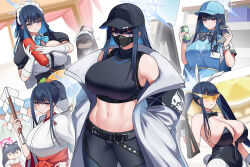Rule 34 | 3girls, alternate costume, bare shoulders, baseball cap, belt, black belt, black bow, black bowtie, black headwear, black pants, black shirt, blue archive, blue eyes, blue hair, blue headwear, bow, bowtie, breasts, cho!cho!, cleavage, commentary, cowboy shot, crop top, enmaided, gloves, gohei, hat, highres, holding, japanese clothes, karin (blue archive), large breasts, leggings, leotard, long hair, looking at viewer, maid, maid headdress, mask, midriff, miko, mouth mask, multiple girls, multiple views, navel, off shoulder, pants, playboy bunny, revision, saori (blue archive), serika (blue archive), serika (new year) (blue archive), shirt, sidelocks, sleeveless, sleeveless shirt, standing, stomach, strapless, strapless leotard, very long hair, white gloves