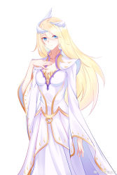 Rule 34 | 1girl, absurdres, blonde hair, blue eyes, douluo dalu, dress, hair ornament, hand on own chest, highres, long hair, looking at viewer, qian renxue (douluo dalu), qian renxue zhuye, weibo logo, weibo watermark, white background, white dress