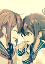 Rule 34 | 10s, 2girls, absurdres, brown eyes, brown hair, folded ponytail, highres, ikazuchi (kancolle), inazuma (kancolle), kantai collection, long hair, md5 mismatch, multiple girls, open mouth, ranf, school uniform, short hair, smile, tears