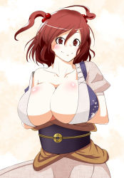 Rule 34 | 1girl, bad id, bad pixiv id, bare shoulders, blush, breast hold, breasts, brown eyes, brown hair, center opening, cleavage, female focus, hair bobbles, hair ornament, highres, huge breasts, looking at viewer, nekoarashi, off shoulder, onozuka komachi, red hair, short hair, smile, solo, touhou, twintails, two side up, yana (nekoarashi)