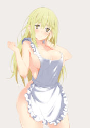 Rule 34 | 10s, 1girl, aiz wallenstein, akage, alternate costume, apron, bad id, bad pixiv id, bare arms, bare legs, bare shoulders, blonde hair, blush, breasts, c:, cleavage, clenched hand, closed mouth, dungeon ni deai wo motomeru no wa machigatteiru darou ka, female focus, frilled apron, frills, grey background, hair between eyes, hand on own cheek, hand on own face, happy, head tilt, large breasts, legs, long hair, looking at viewer, naked apron, simple background, smile, solo, standing, sword oratoria, white apron, yellow eyes