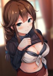 Rule 34 | 1girl, bikini, bikini under clothes, black bikini, black sweater, blurry, blurry background, blush, braid, breasts, brown hair, cleavage, clothes pull, green eyes, hair ribbon, highres, indoors, kantai collection, large breasts, long hair, long sleeves, navel, noshiro (kancolle), red skirt, ribbed sweater, ribbon, senbei (senbe i), shirt, shirt under sweater, shorts, sidelocks, skirt, smile, solo, sweater, sweater pull, swimsuit, tied shirt, twin braids, white shirt