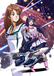 Rule 34 | 2girls, battle, cloud, commentary, dress, earth (planet), energy beam, energy cannon, english commentary, explosion, gloves, hayase misa, in orbit, light, lynn minmay, macross, macross: do you remember love?, mecha, military, military uniform, missile, missile pod, multiple girls, music, noise-wave, planet, post-apocalypse, robot, roundel, sdf-1, signature, singing, space, spacecraft, spoilers, star (symbol), starry background, storm attacker, u.n. spacy, uniform, variable fighter, vf-1, vf-1 strike, vf-1s
