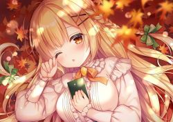 Rule 34 | 1girl, ;o, autumn leaves, blonde hair, blurry, blurry foreground, blush, book, bow, braid, breasts, commentary request, depth of field, fingernails, green bow, hair bow, hair ornament, hairclip, hand up, leaf, long hair, long sleeves, looking at viewer, lying, maple leaf, medium breasts, mitsuba choco, on back, one eye closed, orange bow, original, parted lips, puffy long sleeves, puffy sleeves, red eyes, shirt, sleeves past wrists, solo, upper body, white shirt, x hair ornament