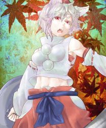 Rule 34 | 1girl, animal ears, armpits, bad id, bad pixiv id, detached sleeves, fangs, female focus, hat, impossible clothes, impossible shirt, inubashiri momiji, long sleeves, looking at viewer, messy hair, midriff, navel, open mouth, pom pom (clothes), red eyes, shield, shirt, short hair, solo, somsom, sword, teeth, tokin hat, touhou, weapon, white hair, wide sleeves