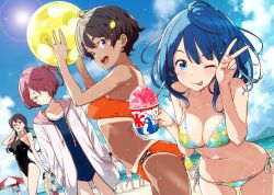 Rule 34 | 4girls, :|, ;p, absurdres, armpit crease, ball, bare shoulders, beach, beachball, beads, bikini, black one-piece swimsuit, blue bikini, blue eyes, blue hair, blue one-piece swimsuit, blue sky, blush, breasts, brown hair, character request, cleavage, closed mouth, cloud, collarbone, drawstring, dutch angle, eyebrows hidden by hair, food, food-themed hair ornament, glasses, hair bobbles, hair ornament, hands in pockets, highres, holding, holding ball, holding beachball, holding food, hood, hood down, hoodie, imigimuru, komari chika, leaning forward, lemon hair ornament, lens flare, long hair, looking at viewer, looking to the side, make heroine ga oo sugiru!, medium breasts, multiple girls, navel, novel illustration, ocean, official art, one-piece swimsuit, one eye closed, one eye covered, open mouth, orange bikini, outdoors, purple eyes, purple hair, school swimsuit, shaved ice, short hair, side-tie bikini bottom, side ponytail, sky, smile, stomach, strapless, string bikini, sun, swimsuit, tan, tanline, textless version, tongue, tongue out, tube top, twintails, v, very short hair, wet, yakishio remon, yanami anna, yellow eyes