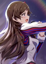 Rule 34 | 1girl, :d, ayano yuu (sonma 1426), blue shirt, blush, breasts, brown eyes, brown hair, cowboy shot, dated, from side, hand up, highres, holding, holding microphone, idolmaster, idolmaster million live!, kitazawa shiho, lens flare, long hair, long sleeves, looking ahead, microphone, multicolored shirt, music, open mouth, outstretched arm, parted bangs, profile, rainbow gradient, red shirt, shirt, sidelocks, signature, singing, small breasts, smile, solo, starting bloom (idolmaster), straight hair, striped clothes, striped shirt, sweat, white shirt
