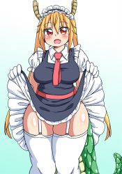 Rule 34 | 10s, 1girl, artist request, blonde hair, blush, breasts, clothes lift, curvy, dragon girl, dragon horns, dragon tail, garter straps, highres, horns, huge breasts, kobayashi-san chi no maidragon, long hair, looking at viewer, maid, maid headdress, open mouth, orange eyes, orange hair, plump, red eyes, shiny skin, skirt, skirt lift, smile, solo, tail, thick thighs, thighhighs, thighs, tohru (maidragon), twintails, wide hips