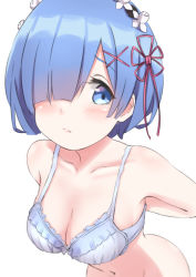 Rule 34 | 10s, 1girl, adjusting bra, adjusting clothes, arms behind back, blue eyes, blue hair, blush, bottomless, bra, breasts, cleavage, collarbone, dressing, eneo, frilled bra, frills, from above, hair ornament, hair over one eye, hair ribbon, looking at viewer, maid headdress, medium breasts, navel, out-of-frame censoring, purple ribbon, re:zero kara hajimeru isekai seikatsu, rem (re:zero), ribbon, short hair, solo, underwear, underwear only, white background, white bra, x hair ornament