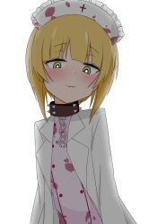 Rule 34 | 1girl, ame (amechan17391739), blonde hair, blood, blood on clothes, blunt bangs, blush, bob cut, chain, collar, cutlass (girls und panzer), dress, girls und panzer, girls und panzer senshadou daisakusen!, half-closed eyes, halloween, halloween costume, hat, highres, lab coat, long sleeves, looking at viewer, nurse cap, official alternate costume, open mouth, pink dress, short hair, simple background, smile, solo, spiked collar, spikes, white background, yellow eyes