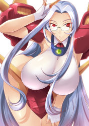 Rule 34 | 1girl, armpits, bent over, breasts, cosplay, curvy, devil gundam, g gundam, glasses, gundam, haganef, haganesan, hanging breasts, huge breasts, leaning forward, long hair, looking at viewer, red eyes, silver hair, simple background, smile, solo, very long hair, white background, wide hips