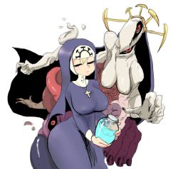 Rule 34 | 1girl, blonde hair, breasts, closed eyes, covered erect nipples, cross, cross necklace, crown, double (skullgirls), dual persona, escanda, extra arms, extra eyes, habit, jar, jewelry, large breasts, monster, monster girl, necklace, nun, red eyes, skullgirls, solo, transparent background