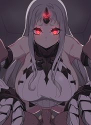 Rule 34 | 1boy, 1girl, abyssal ship, amazon position, clothed sex, cowgirl position, detached sleeves, dress, eyelashes, girl on top, glowing, hetero, horns, kantai collection, kuro mushi, long hair, pale skin, penis, pussy, pussy juice, red eyes, ribbed dress, ribbed sweater, seaport princess, sex, short dress, single horn, size difference, straddling, sweatdrop, sweater, sweater dress, uncensored, vaginal, very long hair, white hair
