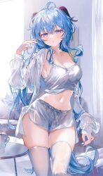 Rule 34 | 1girl, ahoge, blue hair, blue nails, breasts, camisole, coffee cup, cup, disposable cup, drawstring, ganyu (genshin impact), genshin impact, goat horns, highres, horns, indoors, light particles, long hair, looking at viewer, medium breasts, off shoulder, open clothes, open shirt, parted lips, purple eyes, shirt, short shorts, shorts, sidelocks, signature, sitting, solo, steam, table, thighhighs, utsuhostoria, very long hair, wavy hair, white camisole, white shirt, white thighhighs