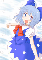 Rule 34 | 1girl, ahoge, bad id, bad pixiv id, blue dress, blue eyes, blue hair, blush, bow, cirno, dress, fairy, fang, female focus, gradient background, hair bow, highres, ice, looking back, matching hair/eyes, nekota susumu, open mouth, outstretched arms, perfect cherry blossom, ribbon, short hair, smile, snow, solo, standing, touhou, white background, wings