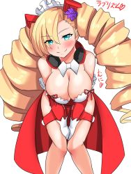 Rule 34 | 1girl, bare shoulders, big hair, blonde hair, blush, bow, bowtie, breasts, cleavage, detached sleeves, drill hair, gloves, green eyes, hands on thighs, headphones, headphones around neck, highres, kirome (kamipaper), large breasts, leaning forward, long hair, looking at viewer, maid headdress, ribbon, smile, solo, strapless, thigh strap, twin drills, very long hair, white gloves