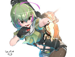 Rule 34 | 1girl, ahoge, belt, black belt, black pantyhose, bob cut, corset, cowboy shot, cutoffs, dated, gegeron, green hair, green neckerchief, grey sailor collar, grey shorts, highres, inverted bob, kantai collection, machinery, multicolored hair, neckerchief, one-hour drawing challenge, orange eyes, pantyhose, purple hair, sailor collar, sailor shirt, school uniform, serafuku, shirt, short hair, short shorts, shorts, signature, simple background, solo, streaked hair, take (kancolle), white background