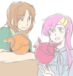 Rule 34 | 00s, 1boy, 1girl, :d, afterimage, ball, blush, brown hair, creature, crescent, flying, green eyes, gundam, gundam 00, gundam seed, gundam seed destiny, hair ornament, hairclip, haro, in-franchise crossover, lacus clyne, lockon stratos, long hair, lowres, motion lines, neil dylandy, open mouth, smile, upper body