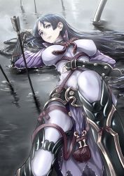 Rule 34 | armor, arrow (projectile), bad id, bad pixiv id, black hair, blue eyes, bodysuit, breasts, fate/grand order, fate (series), greaves, highres, japanese armor, kote, liquid, long hair, looking away, lying, minamoto no raikou (fate), on back, puddle, puffy sleeves, rain, rope, rusk (canvas4ban), solo, tassel