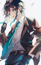Rule 34 | 1boy, androgynous, belt, black gloves, black hair, black jacket, blue hair, blue necktie, braid, collared shirt, falling petals, flower, formal, genshin impact, gloves, gradient hair, green eyes, hair flower, hair ornament, hand in pocket, highres, holding, holding flower, jacket, leaf, long sleeves, looking at viewer, male focus, multicolored hair, necktie, open clothes, open jacket, open mouth, petals, sainome (imveryfinethx), shirt, short hair with long locks, side braids, sidelocks, simple background, smile, solo, suit, twin braids, venti (genshin impact), white background, white flower, white shirt