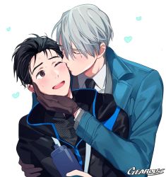 Rule 34 | 2boys, ;d, aqua jacket, artist name, black hair, black neckwear, blush, bottle, brown eyes, brown gloves, commentary request, closed eyes, formal, gearous, gloves, grey hair, gym uniform, hair slicked back, hand on another&#039;s arm, happy, heart, holding, holding bottle, jacket, katsuki yuuri, kiss, kissing cheek, long sleeves, looking at another, male focus, multiple boys, necktie, one eye closed, open mouth, round teeth, short hair, simple background, smile, standing, suit, sweat, sweatdrop, teeth, upper body, upper teeth only, viktor nikiforov, water bottle, white background, yaoi, yuri!!! on ice