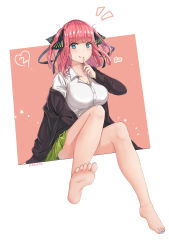 Rule 34 | absurdres, bare legs, barefoot, black cardigan, black ribbon, blue eyes, blunt bangs, blush, breasts, butterfly hair ornament, cardigan, cleavage, collarbone, feet, finger to mouth, go-toubun no hanayome, green skirt, hair ornament, heart, highres, index finger raised, large breasts, looking at viewer, multicolored nails, nail polish, nakano nino, open cardigan, open clothes, pink hair, ribbon, shirt, simple background, sitting, skirt, sleeves past wrists, smile, soles, solo, tented shirt, toenail polish, toenails, toes, tongue, tongue out, twintails, white shirt, zarsy