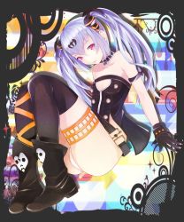 Rule 34 | 1girl, absurdres, alice (queen&#039;s gate), armlet, bad id, bad pixiv id, bare shoulders, belt, black gloves, black thighhighs, boots, breasts, choker, cleavage, dutch angle, gloves, hair ornament, highres, looking at viewer, panties, parted lips, queen&#039;s blade, queen&#039;s gate, red eyes, settyaro, silver hair, sitting, slit pupils, small breasts, solo, table, thigh strap, thighhighs, twintails, underwear, white panties