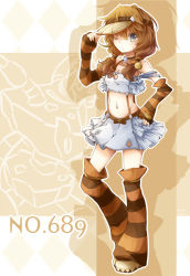 Rule 34 | 10s, 1girl, barbaracle, blue eyes, breasts, brown hair, choker, creatures (company), detached pants, detached sleeves, game freak, gen 6 pokemon, hacko, hair tubes, hand on headwear, jewelry, midriff, navel, nintendo, one eye closed, personification, pokedex number, pokemon, pokemon xy, skirt, small breasts, solo, twintails, visor, visor cap