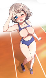 Rule 34 | 1girl, arm at side, bare shoulders, blue bra, blue buruma, blue eyes, blush, bra, bra lift, breasts, breasts out, brown hair, buruma, censored yuu, clothes lift, collarbone, from above, highres, knees together feet apart, large breasts, looking at viewer, love live!, love live! sunshine!!, medium hair, navel, nipples, one eye closed, open hands, open mouth, purple footwear, salute, shoes, smile, sneakers, socks, solo, sports bra, sports bra lift, sportswear, standing, standing on one leg, swept bangs, tareme, thick eyelashes, thigh gap, track and field, track uniform, underwear, watanabe you