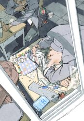 Rule 34 | 1girl, 2boys, absurdres, black pants, bokuto koutarou, book, brown hair, chair, chengongzi123, closed eyes, closed mouth, clutter, colored eyelashes, commentary request, desk, eraser, grey background, grey hair, grey jacket, haikyuu!!, highres, indoors, jacket, long hair, long sleeves, multicolored hair, multiple boys, pants, paper, ruler, school, school uniform, sitting, streaked hair, thick eyebrows, tile floor, tiles, upper body, very long hair, window