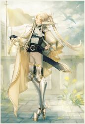 Rule 34 | 1boy, androgynous, armor, armored boots, ascot, asuda, asymmetrical clothes, belt, belt buckle, bird, black belt, black gloves, blonde hair, boots, brooch, brown pants, buckle, building, cape, cloud, feathered wings, flag, flower, frilled shirt collar, frills, full body, gem, glasses, gloves, grass, green eyes, green gemstone, hand on hilt, hand on own hip, harness, high collar, high heel boots, high heels, highres, jewelry, long hair, looking at viewer, low wings, male focus, mini wings, multicolored eyes, pants, parted bangs, pixiv fantasia, pixiv fantasia revenge of the darkness, plant, ponytail, railing, round eyewear, sett, sheath, sheathed, shirt, shoulder armor, sidelocks, sleeves past elbows, smile, solo, sunlight, sword, tassel, thigh boots, vines, weapon, white ascot, white cape, white shirt, white wings, wing ears, wings, yellow cape, yellow eyes, yellow flower