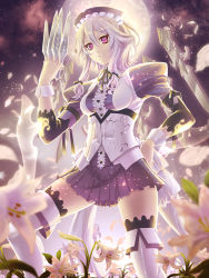 Rule 34 | 1girl, adapted costume, between fingers, detached collar, female focus, flower, full moon, hand on own hip, hip focus, holding, izayoi sakuya, knife, lily (flower), maid, maid headdress, miniskirt, moon, open mouth, petals, puffy sleeves, short hair, short sleeves, silver hair, skirt, solo, thighhighs, touhou, weapon, wrist cuffs, yoshimoto (dear life)