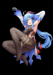 Rule 34 | 1girl, ;o, absurdres, ahoge, armpits, arms up, black background, black gloves, black pantyhose, blue hair, blush, breasts, chinese knot, detached sleeves, feet, flower knot, full body, ganyu (genshin impact), genshin impact, gloves, gold trim, highres, horns, long hair, looking at viewer, low ponytail, medium breasts, no shoes, one eye closed, open mouth, pantyhose, purple eyes, sideboob, sidelocks, soles, solo, t zhonglang, tassel, thighlet, thighs, vision (genshin impact), waist cape, waking up, white sleeves, yawning