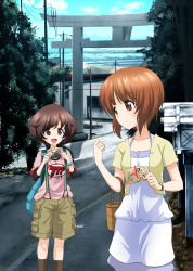 Rule 34 | 10s, 2girls, :d, absurdres, akiyama yukari, bag, basket, black legwear, blouse, blue shirt, blue skirt, blurry, blurry background, bookbag, bracelet, brown eyes, brown hair, brown shorts, cargo shorts, carrying, casual, city, closed mouth, cloud, cloudy sky, commentary request, day, dog tags, dress, girls und panzer, highres, holding, jewelry, layered sleeves, light smile, long sleeves, looking at another, looking back, medium dress, messy hair, military, military vehicle, motor vehicle, multiple girls, nishizumi miho, open mouth, outdoors, panzer iv, panzer iv, pink shirt, postcard, power lines, print shirt, shiina excel, shirt, short hair, short over long sleeves, short sleeves, shorts, skirt, sky, smile, socks, standing, suspender shorts, suspenders, t-shirt, tank, torii, traffic light, translated, tree, utility pole, watch, wristwatch, yellow shirt