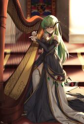 Rule 34 | 1girl, absurdres, backlighting, bare shoulders, black dress, blurry, blurry background, blush, breasts, budgiepon, c.c., cleavage, closed mouth, code geass, commentary, crying, crying with eyes open, detached collar, dress, drop earrings, earrings, full body, gem, green gemstone, green hair, hair between eyes, harp, highres, hip vent, indoors, instrument, jewelry, light particles, long dress, long hair, medium breasts, music, off-shoulder dress, off shoulder, playing instrument, red gemstone, sad, sad smile, sidelocks, signature, sleeves past wrists, solo, split mouth, standing, straight hair, tears, thighhighs, tsurime, very long hair, white thighhighs, yellow eyes