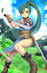 Rule 34 | arm guards, blurry, blurry background, brown footwear, closed mouth, day, dress, earrings, fire emblem, fire emblem: the blazing blade, full body, grass, highres, holding, holding sword, holding weapon, jewelry, kamaniki, long hair, lyn (fire emblem), mountain, nintendo, one-piece dress, pelvic curtain, ponytail, rope belt, scabbard, sheath, short sleeves, sword, thigh strap, thighs, very long hair, watermark, weapon