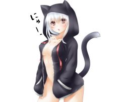 Rule 34 | 1girl, animal ears, blush, bottomless, breasts, cat, cleavage, collarbone, covered erect nipples, fang, female focus, highres, hood, hoodie, jacket, miko (royal milk), naked hoodie, navel, no bra, no panties, open clothes, open jacket, original, red eyes, simple background, solo, tail, white background, white hair