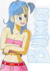 Rule 34 | 1girl, :d, asymmetrical bangs, bad id, bad photobucket id, bare arms, bare shoulders, belt, blue eyes, blue hair, breasts, bulma, character name, cleavage, collarbone, cowboy shot, dragon ball, dragon ball (classic), facing viewer, female focus, gradient background, hair bobbles, hair ornament, light blue hair, long hair, looking to the side, matching hair/eyes, midriff, naughty face, navel, neck, one side up, open mouth, pink shirt, red belt, shirt, short shorts, shorts, side ponytail, simple background, small breasts, smile, solo, standing, strapless, undressing, upper body, white background, worson2009