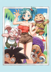 Rule 34 | 1girl, 4boys, :d, andrewcockroach, aqua hair, bald, bare shoulders, beard, belt, black hair, blue border, blue eyes, blue hair, blue sky, blush, border, bow, bow panties, breasts, brown belt, brown shorts, bulma, cargo shorts, cleavage, closed mouth, creature, day, dragon ball, dragon ball (classic), earrings, facial hair, facing viewer, fingernails, hair bobbles, hair ornament, hand up, house, jewelry, jumping, kame house, kuririn, legs, looking at viewer, medium breasts, medium hair, missing tooth, multiple boys, mustache, muten roushi, no nose, object on head, old, old man, one side up, oolong, open mouth, outdoors, outside border, panties, panties on head, pig, pig snout, pink panties, red-framed eyewear, short shorts, shorts, signature, sky, smile, son goku, spiked hair, standing, strapless, sunglasses, suspenders, turtle shell, underwear, v, waving