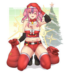 Rule 34 | 1girl, ;d, arm warmers, armpits, artist name, azur lane, bare shoulders, bell, belt, black belt, black footwear, blush, boots, breasts, bremerton (azur lane), candy, candy cane, christmas, christmas tree, cleavage, commentary, crop top, culton, detached collar, earrings, food, food between breasts, full body, gloves, grey hair, groin, hair between eyes, hair intakes, hair ornament, hairclip, hand on own head, hat, heart, highres, holding, holding sack, jewelry, kneeling, large breasts, long hair, looking at viewer, midriff, mole, mole on breast, mole under eye, multicolored hair, navel, navel piercing, one eye closed, open mouth, piercing, pink eyes, pink hair, red gloves, red hat, red shirt, red shorts, red thighhighs, sack, santa costume, santa hat, shadow, shirt, short shorts, shorts, sidelocks, skindentation, smile, solo, star (symbol), strapless, strapless shirt, streaked hair, teeth, thighhighs, tube top, twintails, two-tone hair, upper teeth only