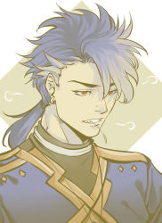 Rule 34 | 1boy, blue hair, cu chulainn (fate), cu chulainn (fate) (all), cu chulainn (fate/prototype), earrings, edwintarm, fate/grand order, fate (series), gradient hair, grey hair, hair between eyes, highres, jewelry, long hair, male focus, mouth hold, multicolored hair, muted color, ponytail, red eyes, solo
