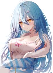 Rule 34 | 1girl, ahoge, blue hair, blush, breasts, camisole, closed mouth, colored tips, elf, hair between eyes, hair ornament, heart, heart ahoge, highres, hololive, imblossoms, jacket, large breasts, long hair, looking at viewer, multicolored clothes, multicolored hair, multicolored jacket, pointy ears, smile, solo, streaked hair, striped, two-tone jacket, virtual youtuber, white background, white camisole, yellow eyes, yukihana lamy