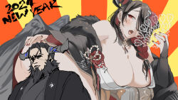 Rule 34 | 1girl, bare shoulders, black hair, braid, breasts, censored, character censor, colored inner hair, demon horns, formal, hand fan, holding, holding fan, hololive, hololive english, horns, huge breasts, husband and wife, japanese clothes, long hair, looking at viewer, mamarissa ravencroft, mature female, mole, mole under eye, multicolored hair, new year, novelty censor, paparissa, paparissa ravencroft, red eyes, set7, smile, suit, two-tone hair, virtual youtuber, wrinkled skin