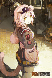 Rule 34 | 1girl, animal ears, arknights, black hairband, black jacket, braid, cat ears, cat girl, cat tail, cowboy shot, floppy ears, from behind, goldenglow (arknights), hairband, highres, holding, holding staff, jacket, lightning bolt print, long hair, long sleeves, looking at viewer, looking back, multicolored clothes, multicolored jacket, pink hair, pink jacket, print hairband, qiumoyixing, sketch, solo, staff, tail, tail raised, thighhighs, two-tone jacket, white thighhighs, yellow eyes