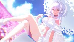 Rule 34 | 1girl, absurdres, bare shoulders, bikini, blue sky, breasts, cloud, crossed legs, day, detached sleeves, dutch angle, fate/grand order, fate (series), fujinari ibuki, grey hair, highres, holding, holding umbrella, lady avalon (fate), looking at viewer, medium breasts, merlin (fate/prototype), outdoors, pink eyes, sitting, sky, solo, swimsuit, thigh strap, two side up, umbrella, white bikini, white umbrella