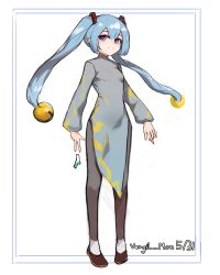 Rule 34 | 1girl, absurdres, arms at sides, bell, blue eyes, blue hair, breasts, brown footwear, china dress, chinese clothes, closed mouth, dated, dress, full body, grey dress, hair bell, hair ornament, hatsune miku, highres, jingle bell, leggings, looking at viewer, pelvic curtain, pigeon-toed, shoes, signature, small breasts, smile, solo, standing, vergil mon, vocaloid