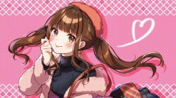 Rule 34 | 1girl, :p, black sweater, blush, bow, bow earrings, brown hair, cardigan, copyright request, earrings, hat, jewelry, long hair, looking at viewer, nail polish, official art, open cardigan, open clothes, pink background, pink cardigan, red hat, ribbed sweater, shinishi chiho, simple background, smile, solo, sweater, tongue, tongue out, twintails, upper body, yellow eyes
